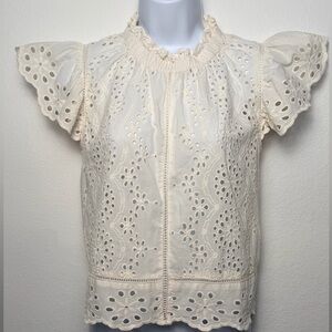 Jennifer Grace Eyelet lace Top Ruffle Mock Neck Short Sleeve Size S